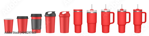 Thermo cup with handle and straw. 20, 30, 40 oz. Travel thermos. Set of red mugs. Tumbler. Sport shaker,. Paper cup with plastic lid and cupholder