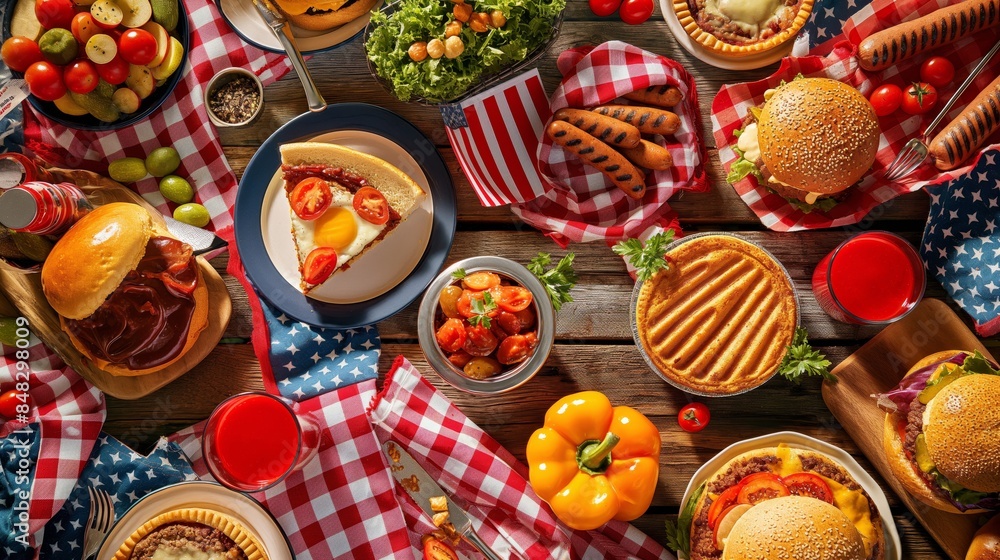 A table full of American food including hamburgers, hot dogs, and pies A table full of American food including hamburgers, hot dogs, and pies
