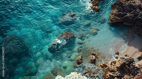 An aerial view of a rocky beach with blue and green tones