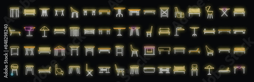 Outdoor furniture icons set outline vector. Garden patio. Deck bench neon color on black
