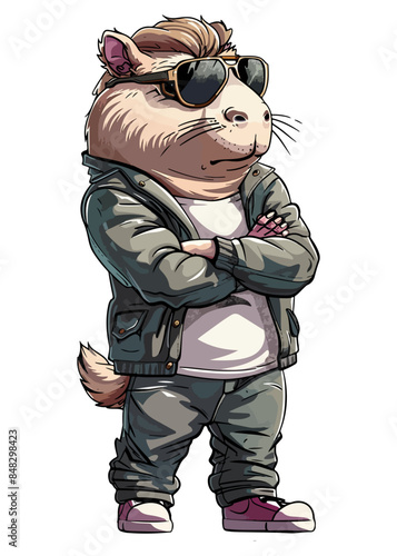 A cartoon character Capybara stands upright, wearing clothes, with arms crossed and aviator sunglasses.