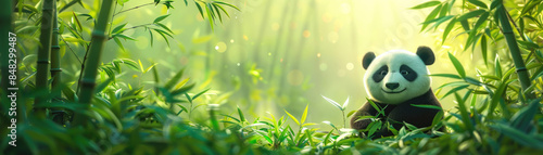 Cute panda sitting in lush green bamboo forest, surrounded by sunlight and greenery, creating a serene and cheerful atmosphere. photo