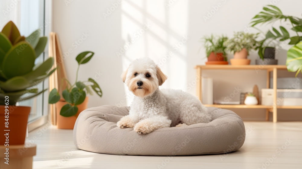 Cute tame dog resting in a soft dog bed Cute tame dog resting in a soft dog bed