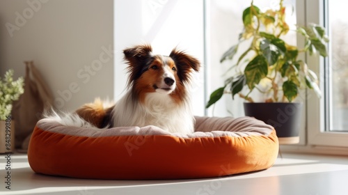 Cute tame dog resting in a soft dog bed