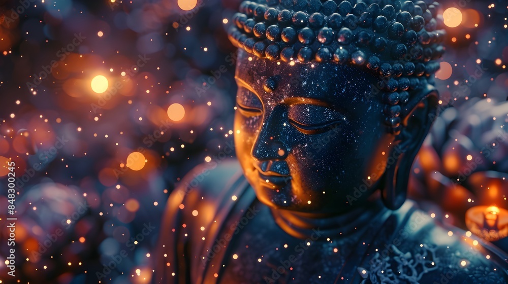 Celestial Buddha Statue in Sparkling Ethereal Dreamscape with Flowing Robe and Lighting Celestial Buddha Statue in Sparkling Ethereal Dreamscape with Flowing Robe and Lighting