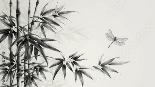 Elegant black and white illustration of bamboo and a dragonfly, capturing tranquility and nature's beauty with minimalist art.
