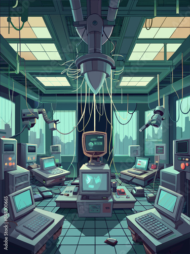 A room with many computers and a TV. Scene is dark and eerie. The room is filled with wires and cables, and the computers are old and outdated