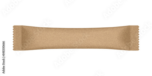 Brown sugar stick. Kraft paper texture. Blank sugar sachet packaging, stick pack. 3d mockup. Paper pouch. Disposable packaging for salt, sugar and spices. Cane sugar	