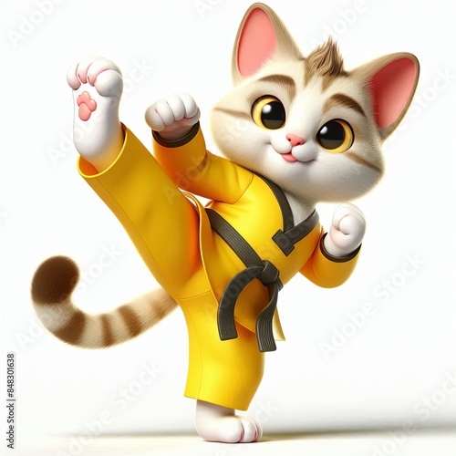 cute cartoon cat performing tekwondo  high kick ,3d photo