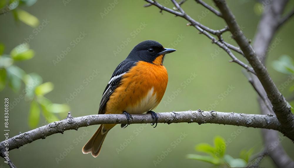 Orioles Bird Perched on Tree Branch with Blurred Bokeh Background Orioles Bird Perched on Tree Branch with Blurred Bokeh Background