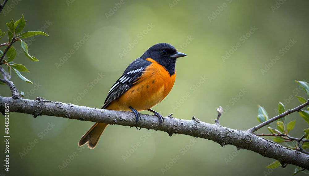 Orioles Bird Perched on Tree Branch with Blurred Bokeh Background Orioles Bird Perched on Tree Branch with Blurred Bokeh Background