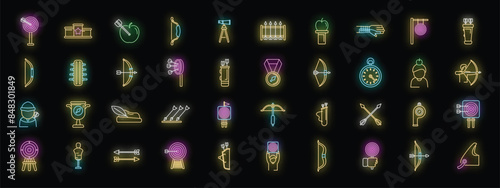 Archery competition icons set outline vector. Target archery. Purpose goal neon color on black