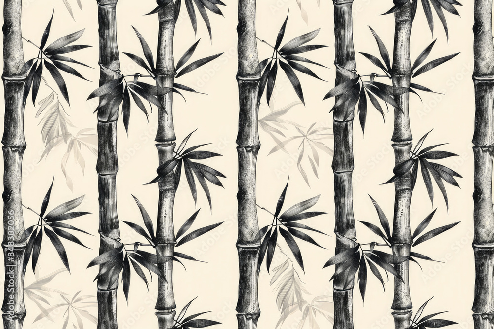 Naklejka premium Seamless monochrome bamboo pattern on beige background. Elegant tropical wallpaper design featuring bamboo stalks and leaves.