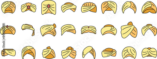 Arabic turban icons set outline vector. Arab hat. Asian farm thin line color flat on white