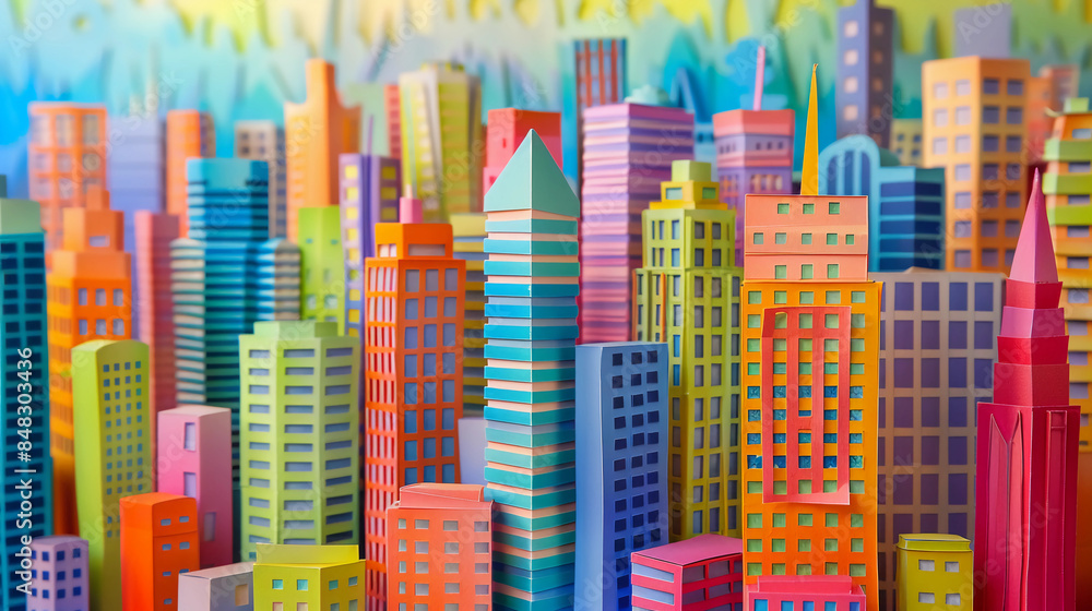 Brightly colored city buildings paper art