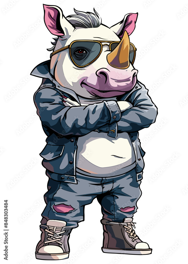 A cartoon character Rhinoceros stands upright, wearing clothes, with arms crossed and aviator sunglasses A cartoon character Rhinoceros stands upright, wearing clothes, with arms crossed and aviator sunglasses