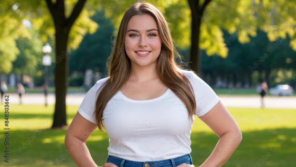 Plus size young woman wearing white t-shirt and blue jeans standing in the park Plus size young woman wearing white t-shirt and blue jeans standing in the park