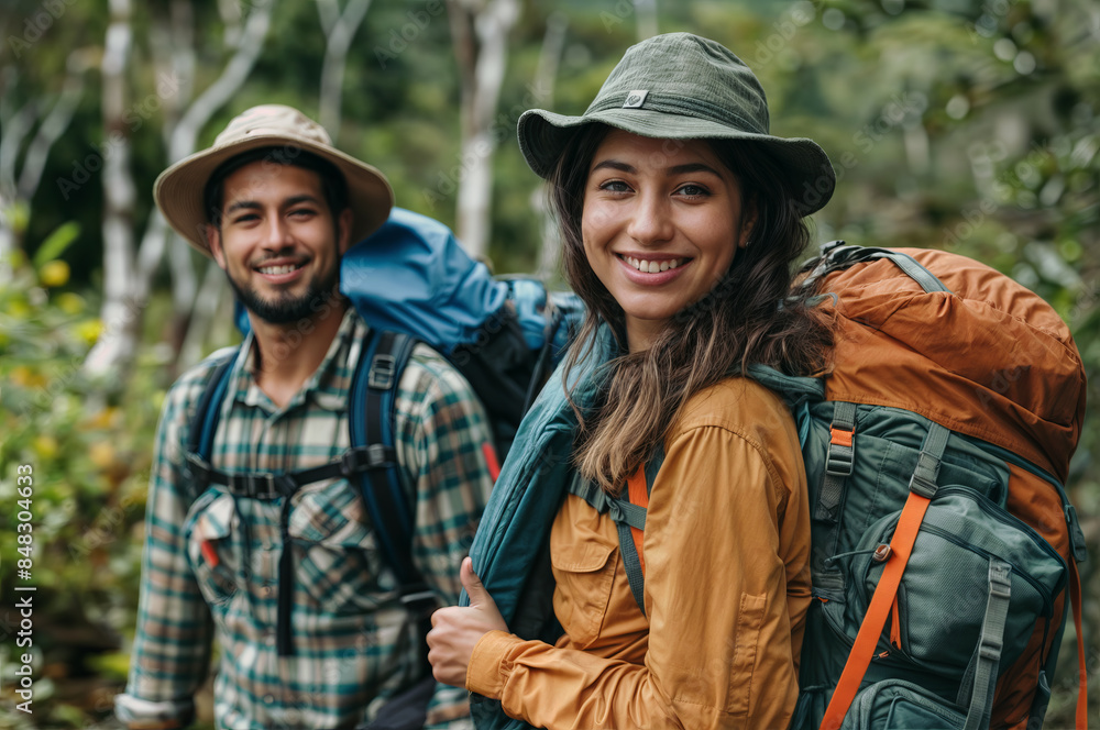 Fototapeta premium Happy young latin couple hikers ready to hiking with backpacks.