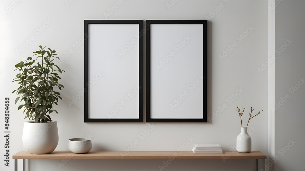 Mockup of two poster, photo frame on wooden table with white wall background Mockup of two poster, photo frame on wooden table with white wall background