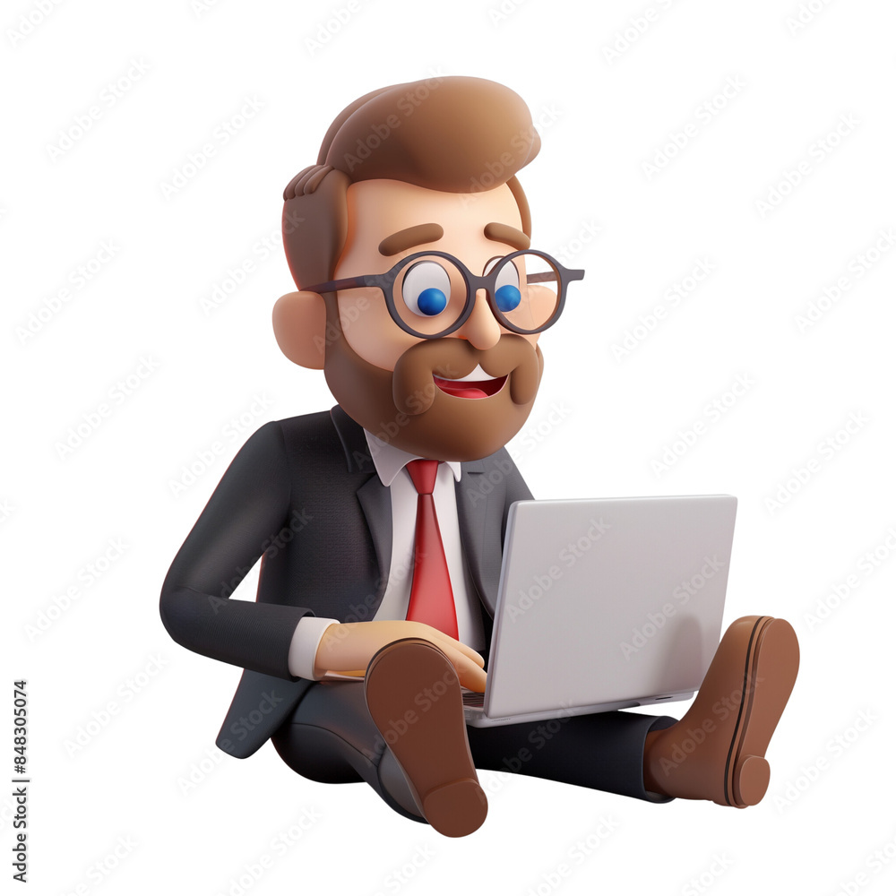 A cheerful 3D businessman working on a laptop in a sleek isolated on white background A cheerful 3D businessman working on a laptop in a sleek isolated on white background