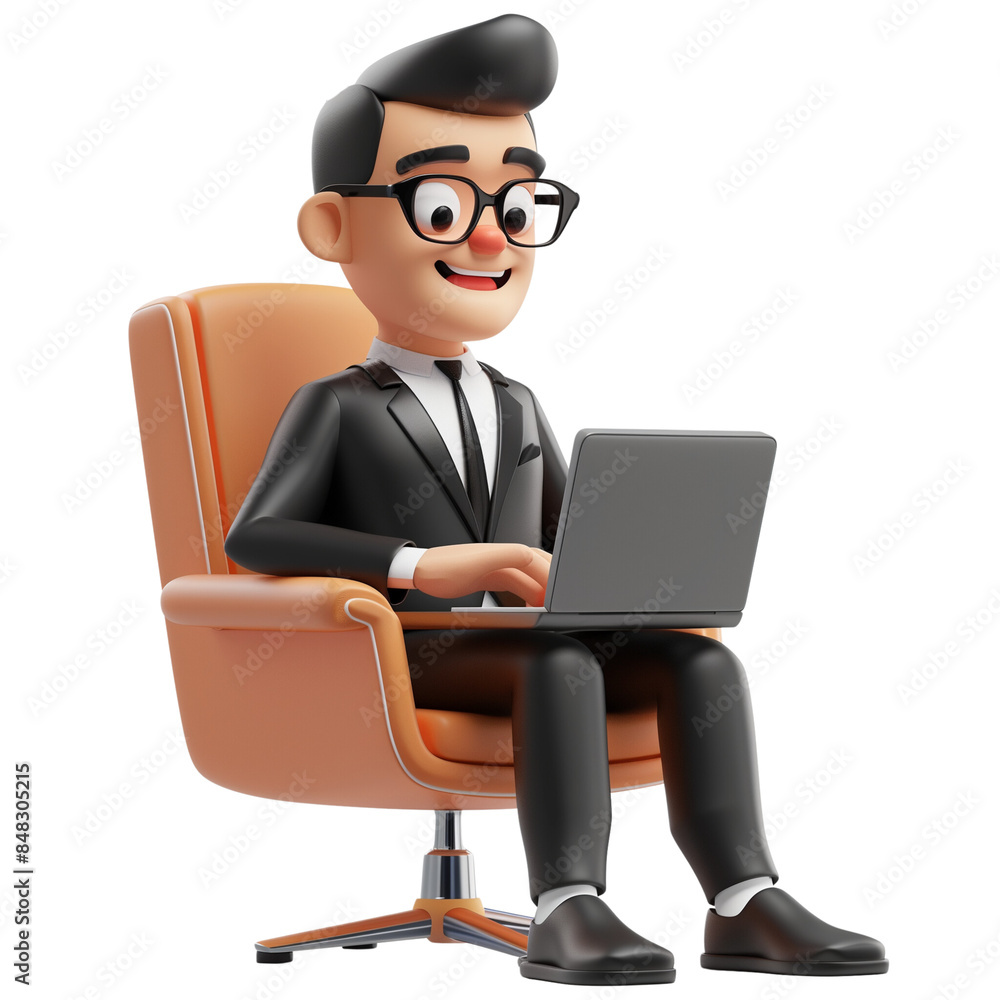 A cheerful 3D businessman working on a laptop in a sleek isolated on white background A cheerful 3D businessman working on a laptop in a sleek isolated on white background
