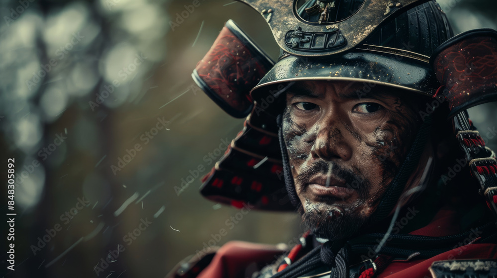 A formidable samurai warrior with scars on his face in traditional armor against the background of rain. A formidable samurai warrior with scars on his face in traditional armor against the background of rain.