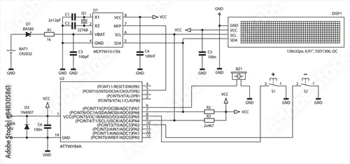 Schematic diagram of electronic device on sheet of paper.
Vector drawing electrical circuit with
resistor, capacitor, integrated circuit,
diode, microcontroller, lcd display, other components.