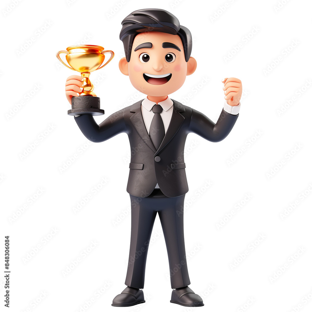 A joyful 3D businessman receiving an award at a corporate event isolated on white background A joyful 3D businessman receiving an award at a corporate event isolated on white background