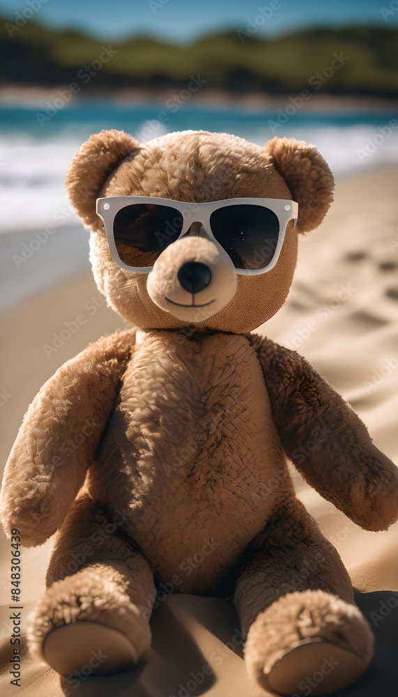 Teddy bear plush toy with sunglasses relaxing on seaside beach Childhood Summer Holiday Vacation Tourism Concept Teddy bear plush toy with sunglasses relaxing on seaside beach Childhood Summer Holiday Vacation Tourism Concept