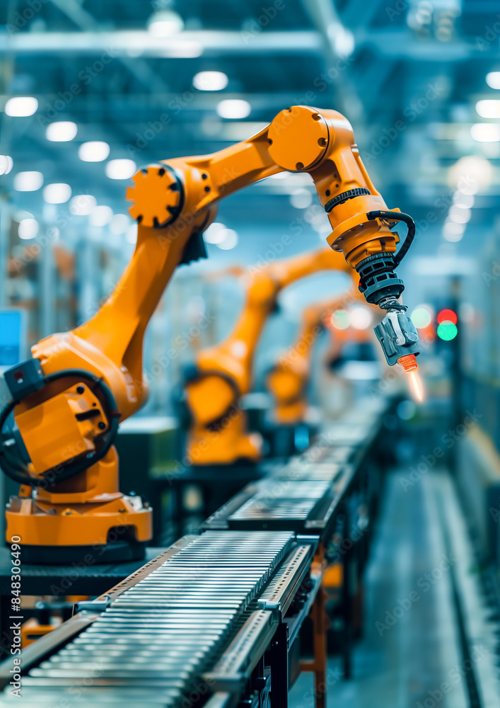 Robotic workforce in a modern factory. A robotic arm works on a conveyor belt. Robotic workforce in a modern factory. A robotic arm works on a conveyor belt.