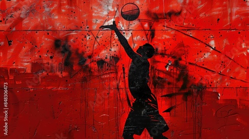 Graffiti-style mural of a basketball player in mid-action, shooting a basketball