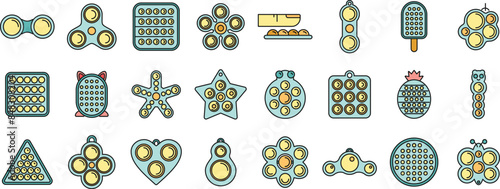 Antistress toy icons set outline vector. Dimple sensory. Toy bubble thin line color flat on white