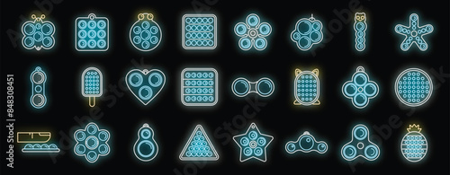 Antistress toy icons set outline vector. Dimple sensory. Toy bubble neon color on black