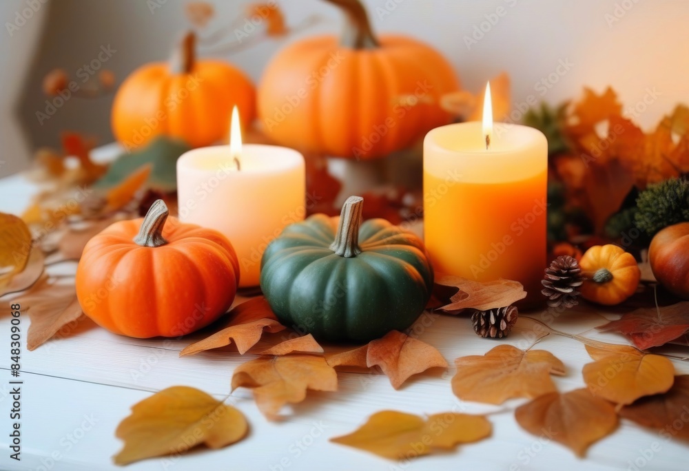 A flat lay of pumpkins, candles, and dried leaves on a white background A flat lay of pumpkins, candles, and dried leaves on a white background