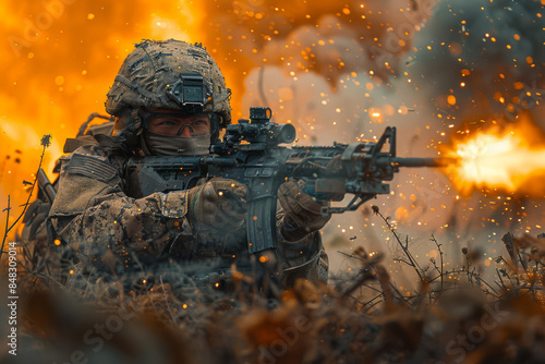 Counter-terrorism operation. A special forces soldier shoots in combat, a soldier in a helmet shoots from a rifle against a background of smoke, fire and explosions. © Evgeniia