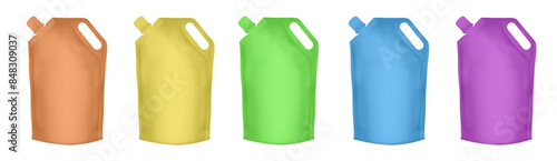 Spouted pouch with handle. Set of orange, yellow, green, blue and purple doypack packaging with screw cap. Stand up doy pack mock up set. Laundry detergent refill