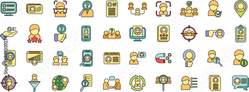 Know your client icons set outline vector. Card cms. Data customer thin line color flat on white