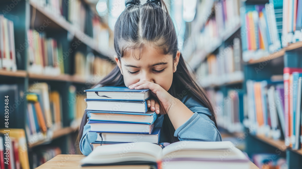 A little schoolgirl fell asleep on books in the library. Back to school. Modern education. A little schoolgirl fell asleep on books in the library. Back to school. Modern education.