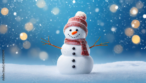 Close-up of miniature snowman standing in snow, blue backdrop. Merry Christmas, Happy New Year © hardvicore
