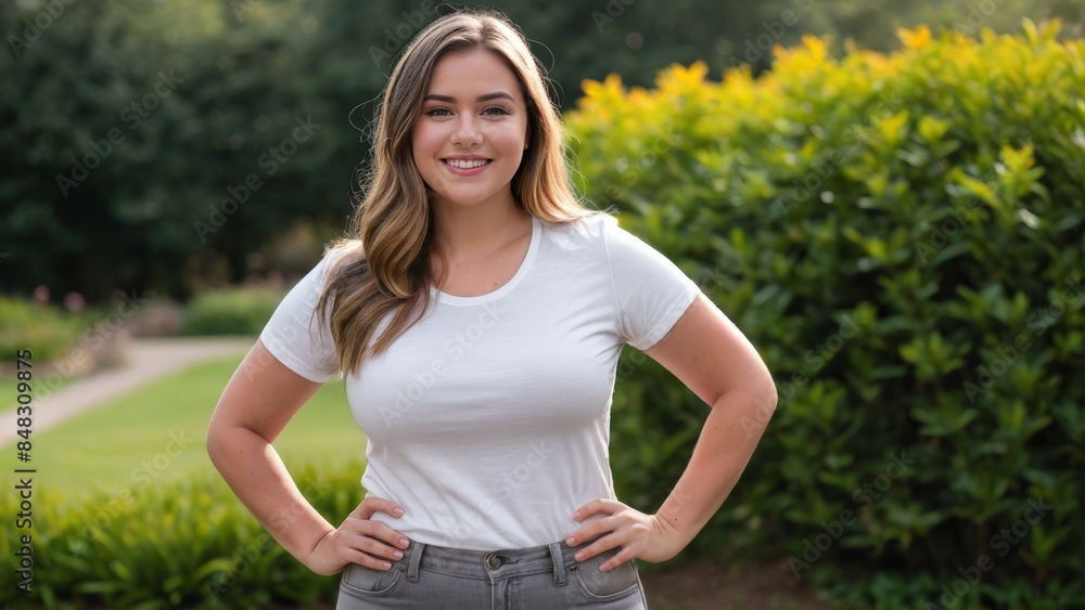Plus size young woman wearing white t-shirt and grey jeans standing in the garden Plus size young woman wearing white t-shirt and grey jeans standing in the garden