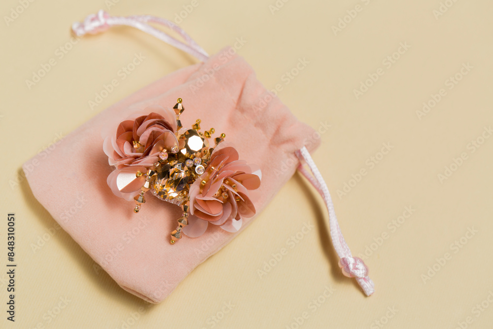 Obraz premium brooch in the shape of a beetle on a plush bag