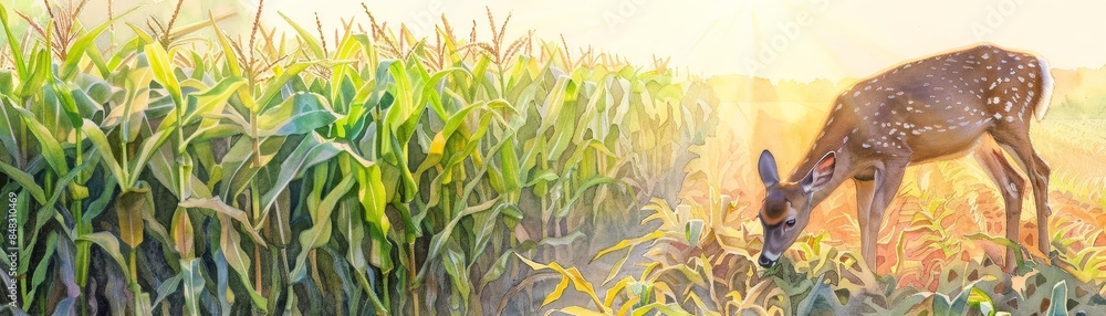 Deer grazing in a farmers cornfield, Realism, Warm sunlight, Watercolor, Agricultural trespass Deer grazing in a farmers cornfield, Realism, Warm sunlight, Watercolor, Agricultural trespass