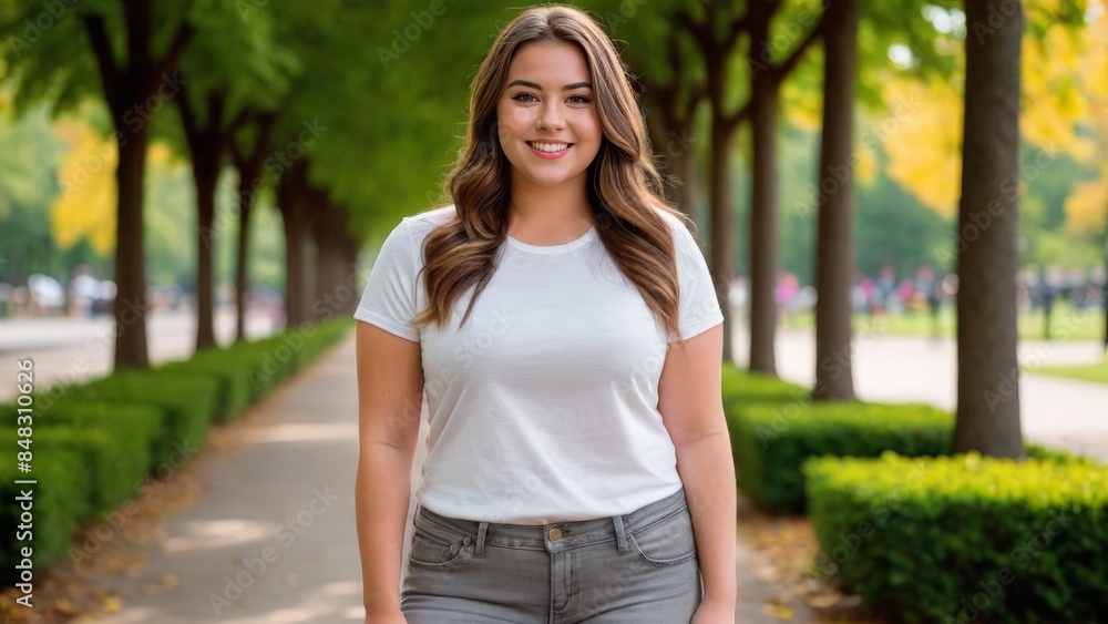 Plus size young woman wearing white t-shirt and grey jeans standing in the park Plus size young woman wearing white t-shirt and grey jeans standing in the park
