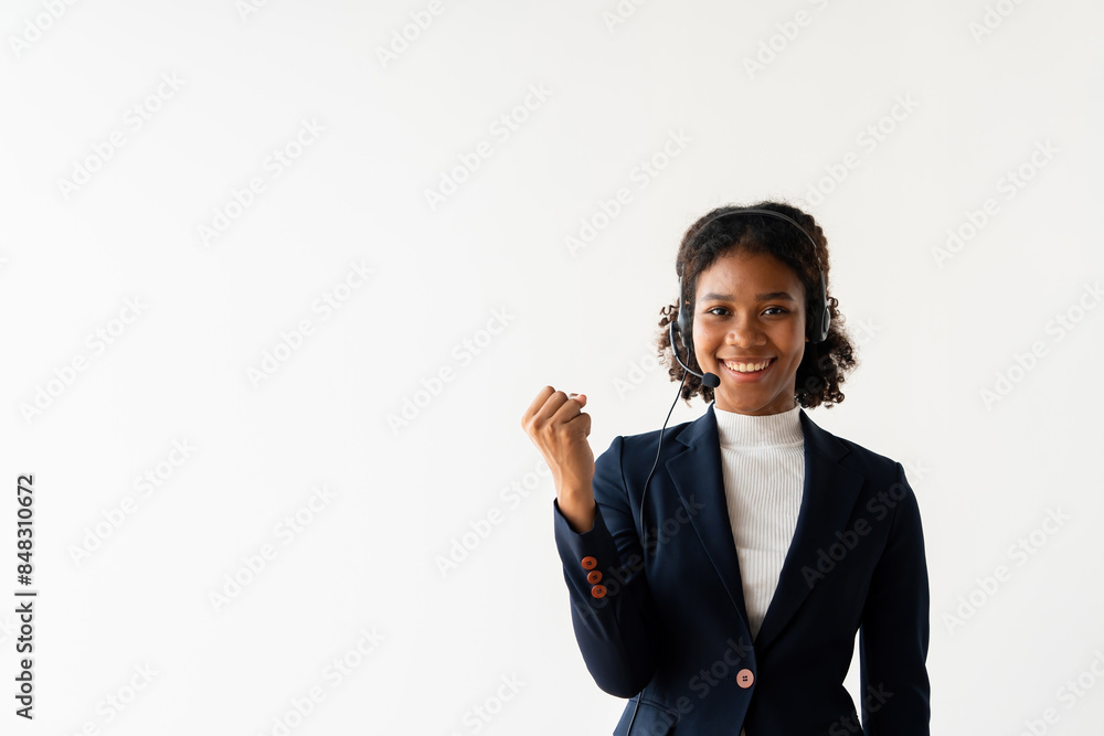 Professional Portrait of a Smiling Female Call Center Employee Wearing a Headset and Business Attire in a Modern Office Setting Professional Portrait of a Smiling Female Call Center Employee Wearing a Headset and Business Attire in a Modern Office Setting