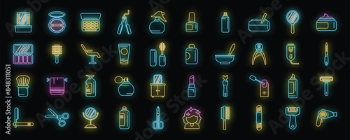 Beauty parlor icons set outline vector. Makeup artist. Bridal care neon color on black