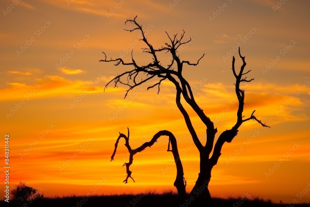 Dead tree against the backdrop of an orange and yellow sunset sky, silhouetted by clouds. The scene captures both the beauty in nature's silhouette and its transformation during the evening glow. Dead tree against the backdrop of an orange and yellow sunset sky, silhouetted by clouds. The scene captures both the beauty in nature's silhouette and its transformation during the evening glow.