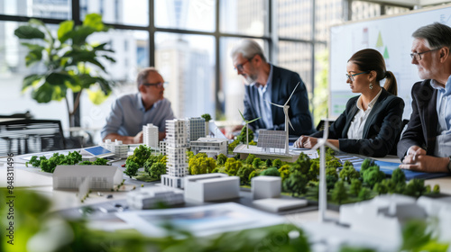 Company employees are discussing a project on ecological cities that conserve resources. The model includes wind turbines and solar panels. The focus and accent in the photo are on the eco-district.