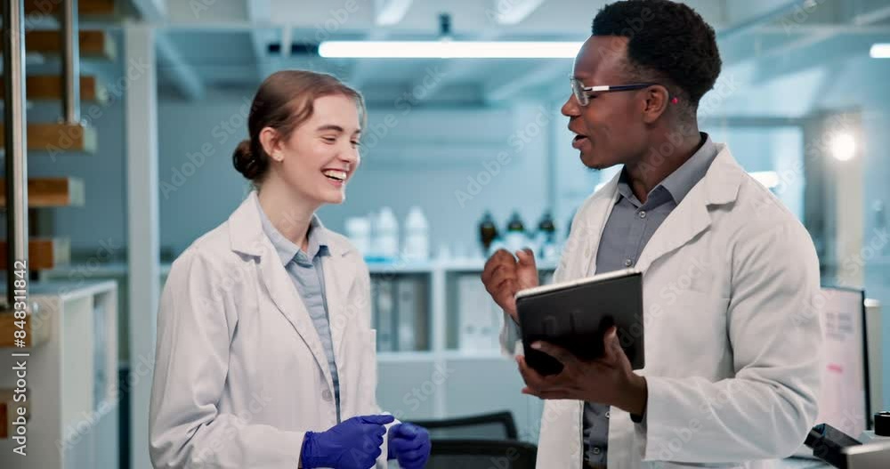 Happy people, scientist and high five with tablet for breakthrough, research or development at laboratory. Excited man and woman with smile for success or scientific discovery on technology at lab Happy people, scientist and high five with tablet for breakthrough, research or development at laboratory. Excited man and woman with smile for success or scientific discovery on technology at lab