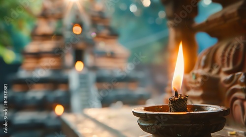 A close-up of a traditional oil lamp burning brightly in front of a beautifully blurred temple backdrop.