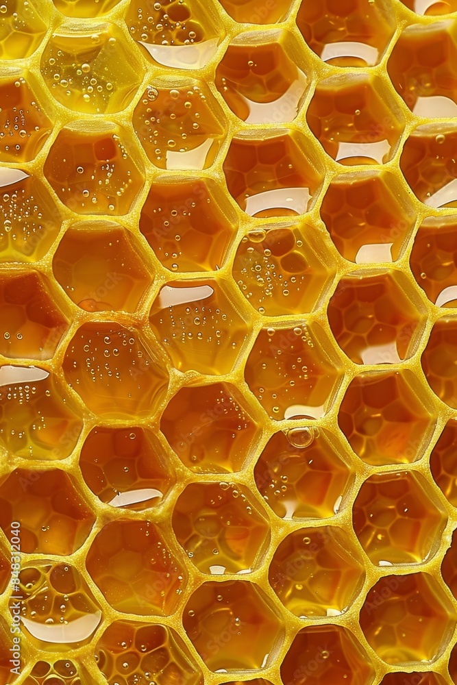 Detailed close up of luscious golden honey filling the intricate hexagonal honeycombs Detailed close up of luscious golden honey filling the intricate hexagonal honeycombs